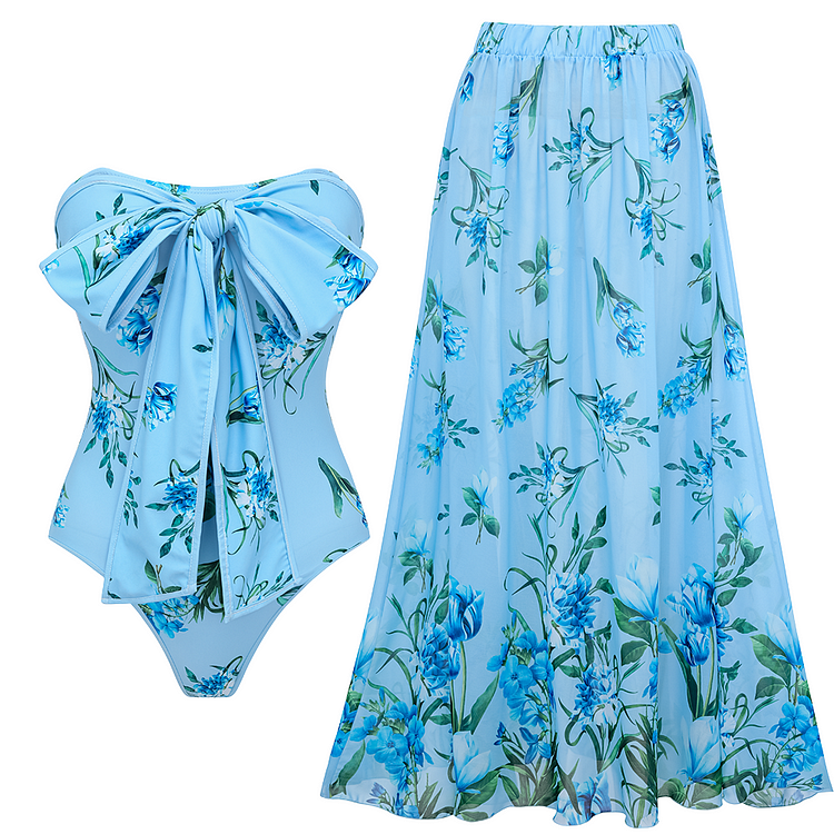 Two Ways Bowknot Floral Printed One Piece Swimsuit and Skirt