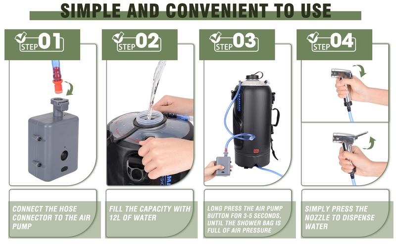 Product Introduction of Camping Shower.12L Portable Camp Shower Bag with Upgraded Screw Lid. Auto Pressure Pump. Solar Shower. Camping Shower Head for Beach Camping. Hiking. Traveling. Washing Outdoor Leakproof Durable Handle Strap Compact 6