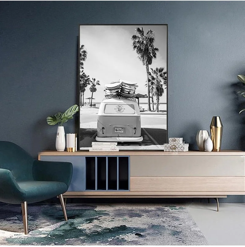 Camper Van Beach Surf Print Palm Tree Art Canvas Painting Black and White Photography Ocean Poster Boho Decor for Living Room