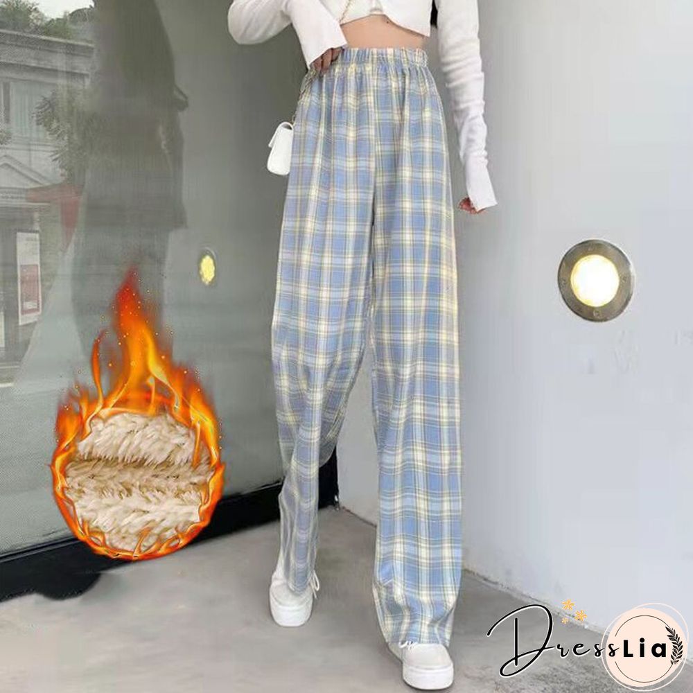 Fashion Spring Winter Warm Plush Plaid Pants Women Casual Loose Wide Leg Trousers Korean Streetwear Straight Student Pants New