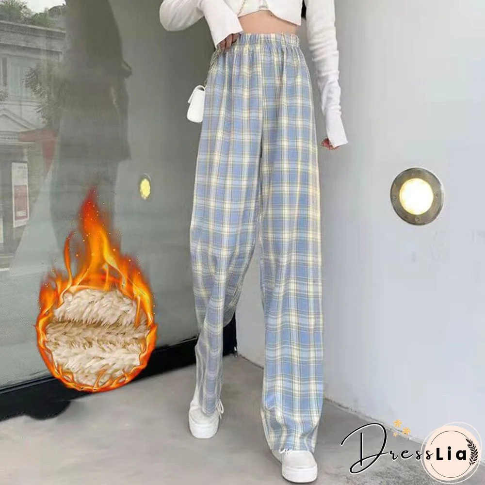 Fashion Spring Winter Warm Plush Plaid Pants Women Casual Loose Wide Leg Trousers Korean Streetwear Straight Student Pants New