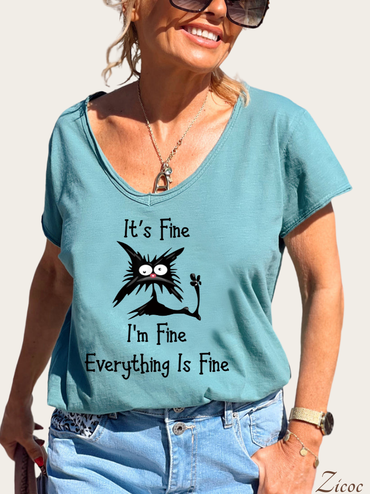 It' Fine,I'am Fine Everything is Fine Women's Causal Loose Short Sleeve Top Spring Plus Size Shirt