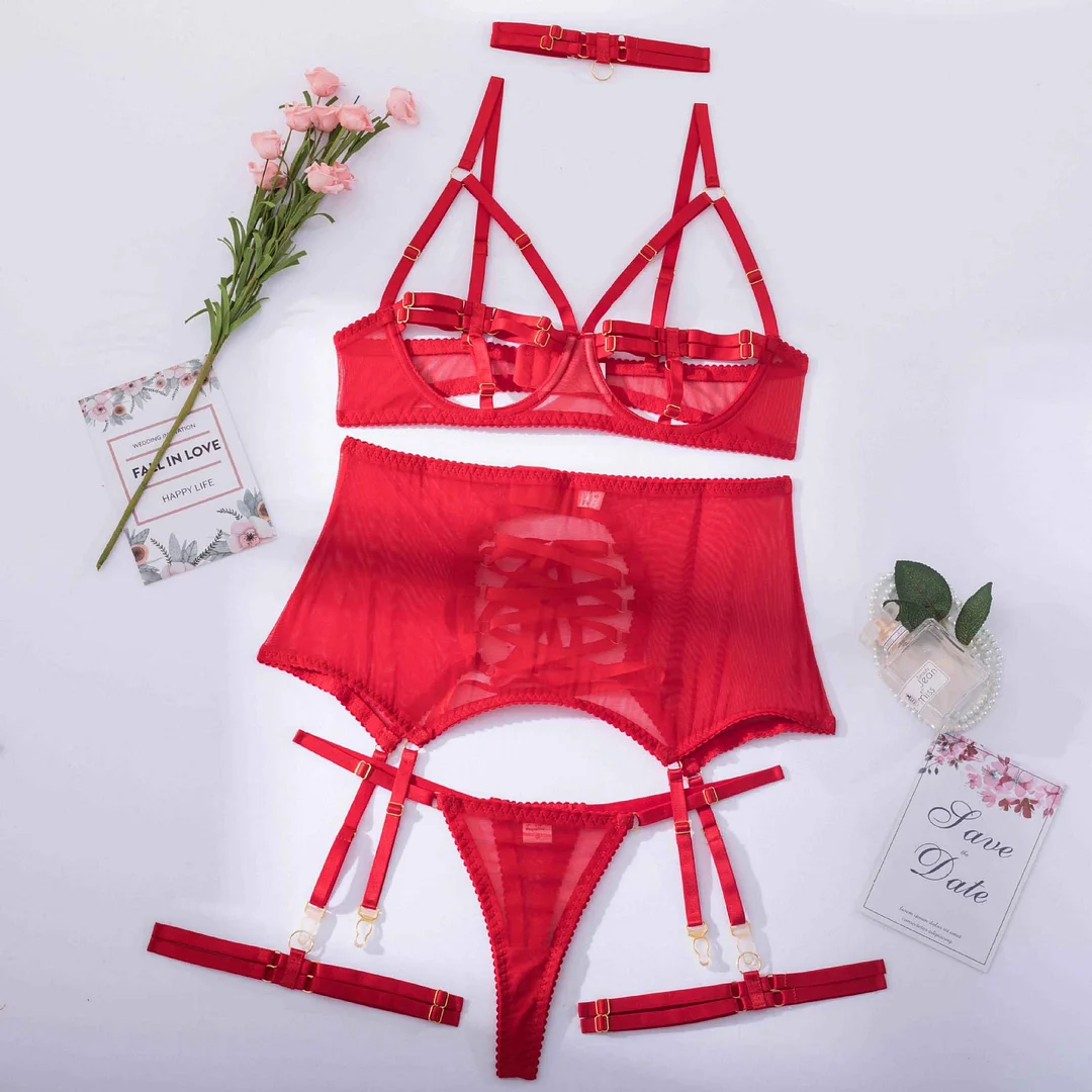 Billionm 5-Piece Bandage Lingerie Set Women Red Exotic Set Fancy Transparent Mesh Sexy Garter Kit