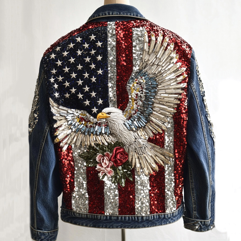 Comstylish Vintage American Flag And Floral Eagle Sequined Art Denim Jacket