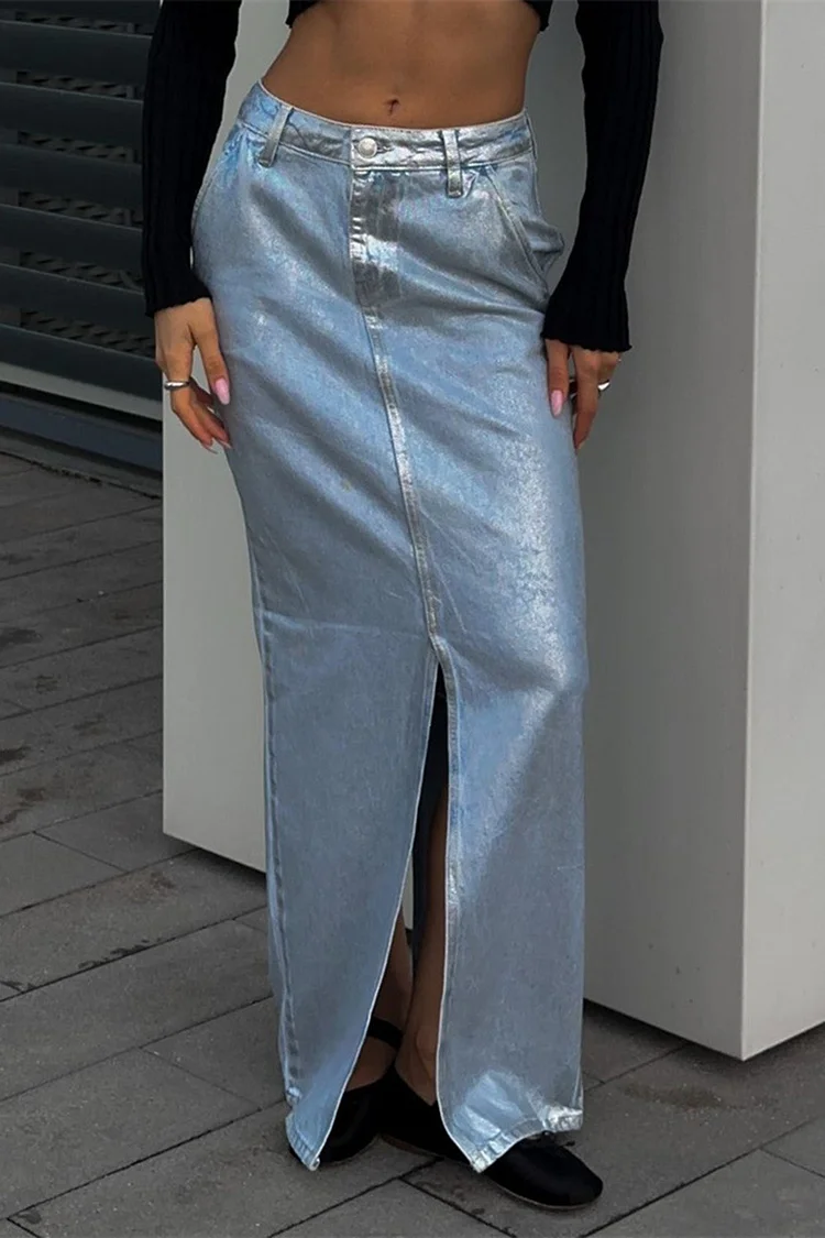 Casual Solid Metallic Denim Pockets Split Skirt-Blue