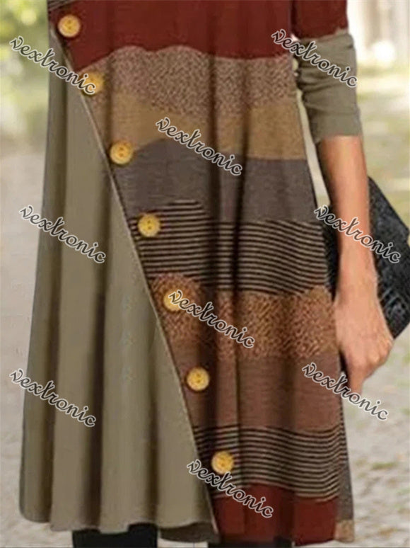 Women's Long Sleeve V-neck Graphic Buttons Midi Dress