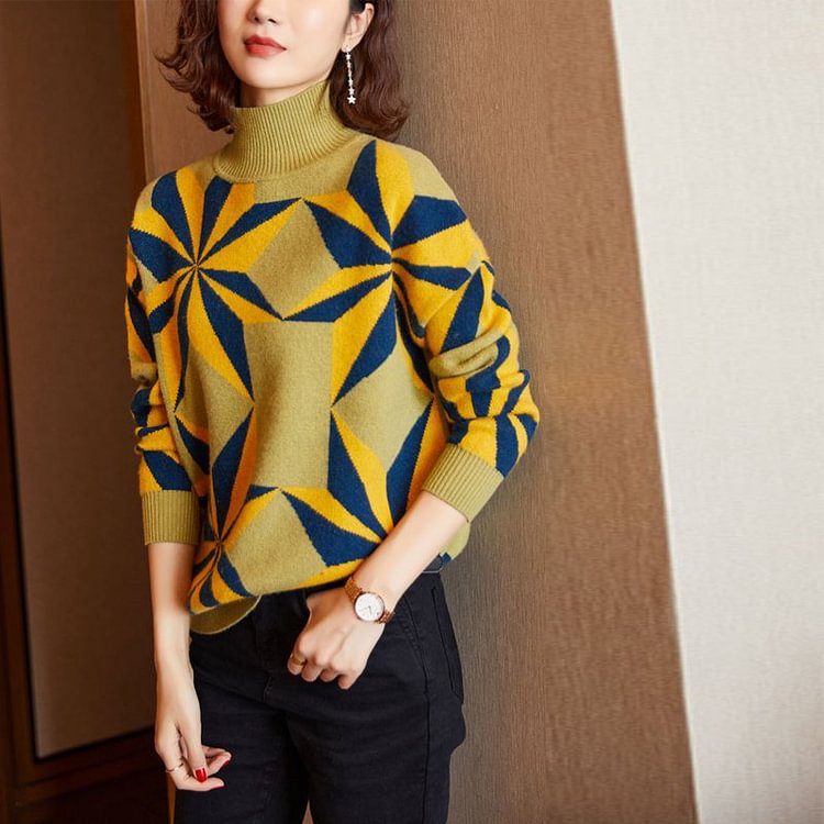 As Picture Long Sleeve Geometric Shift Cotton-Blend Sweater