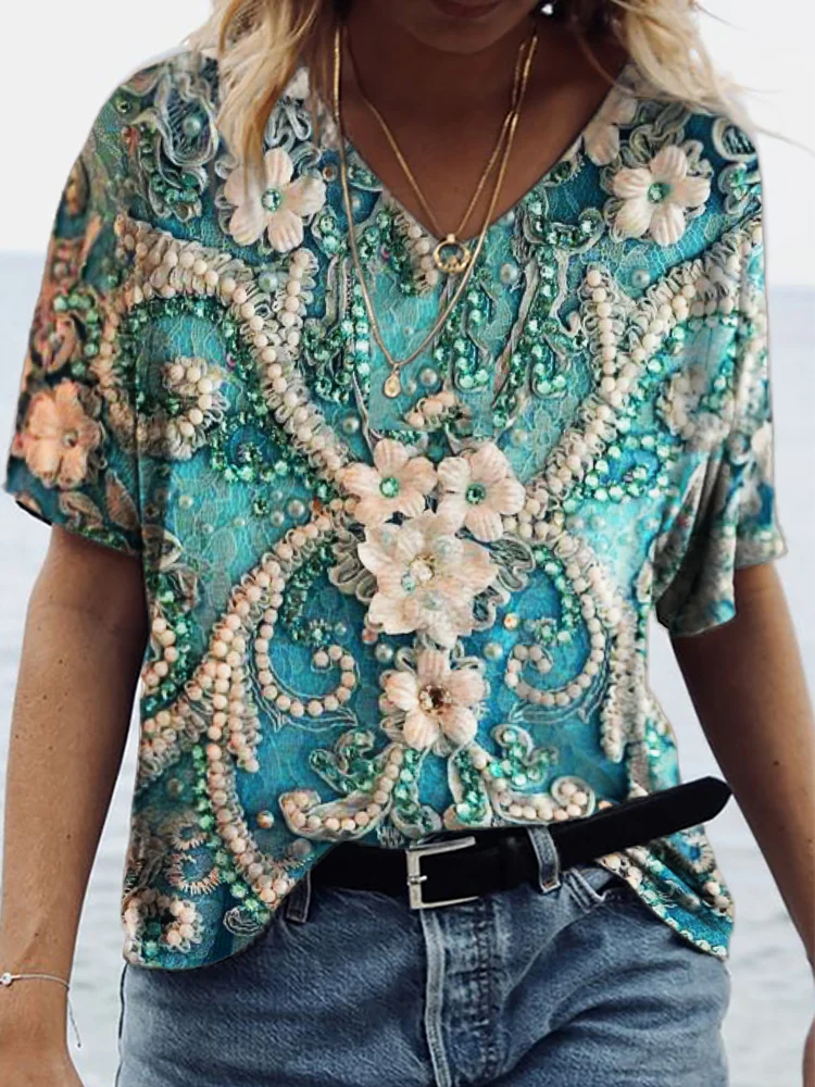 Comstylish Floral Rhinestone 3D Beaded Lace Art T Shirt