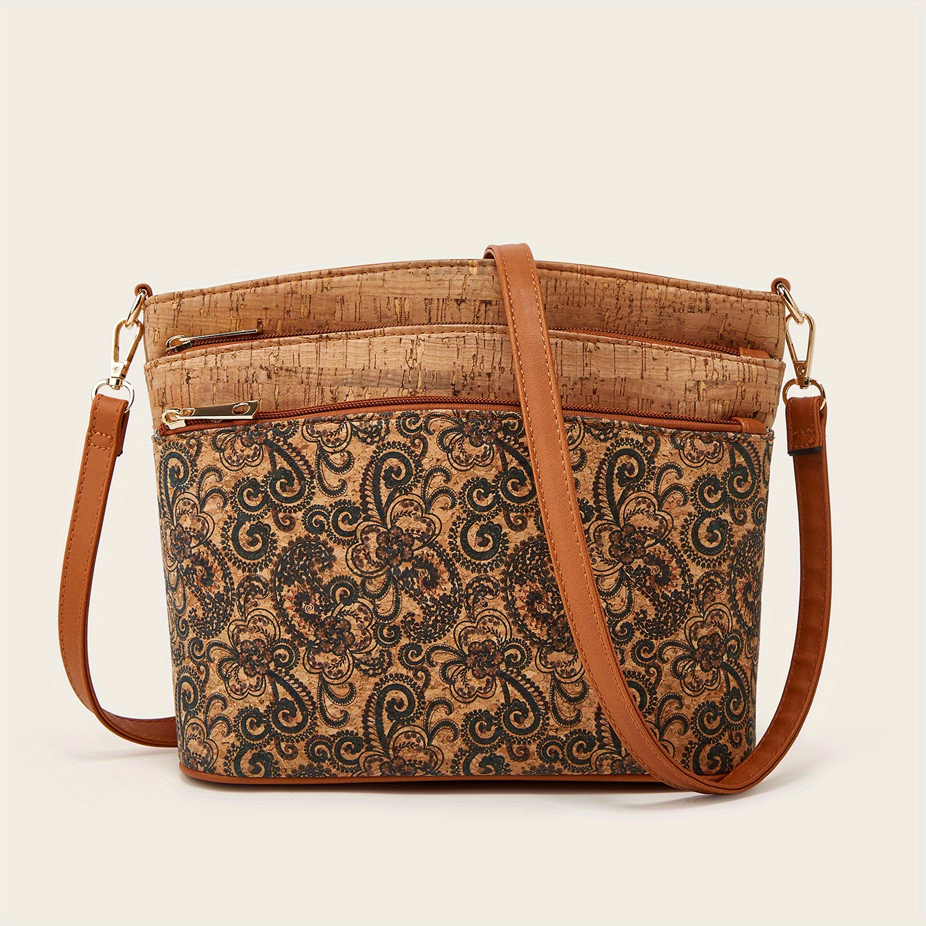 Vintage Flower Print Crossbody Bag, Women's Tree Bark Pattern Purse, Ethnic Style Shoulder Bag