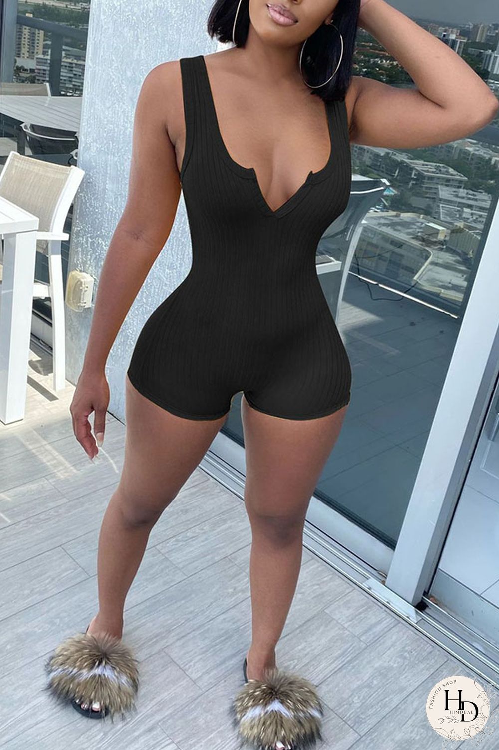 Black Fashion Sexy Solid Polyester Sleeveless V Neck Jumpsuits