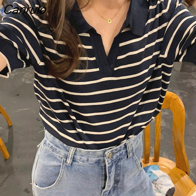 Canrulo Women Tees Striped Vintage Office Lady Y2k Top V-neck Summer Harajuku BF Classic Cropped Soft Streetwear Fashion Design