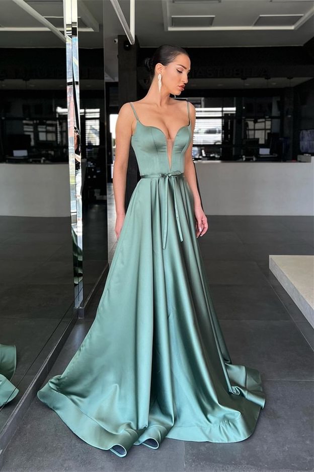 Long Sage Spaghetti-Straps Prom Dress A Line With Belt | Ballbellas Ballbellas
