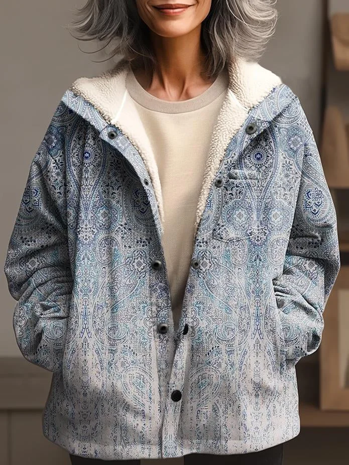 Women's Boho Folk Art Pattern Waffle Plush Thick Long-Sleeved Hooded Coat