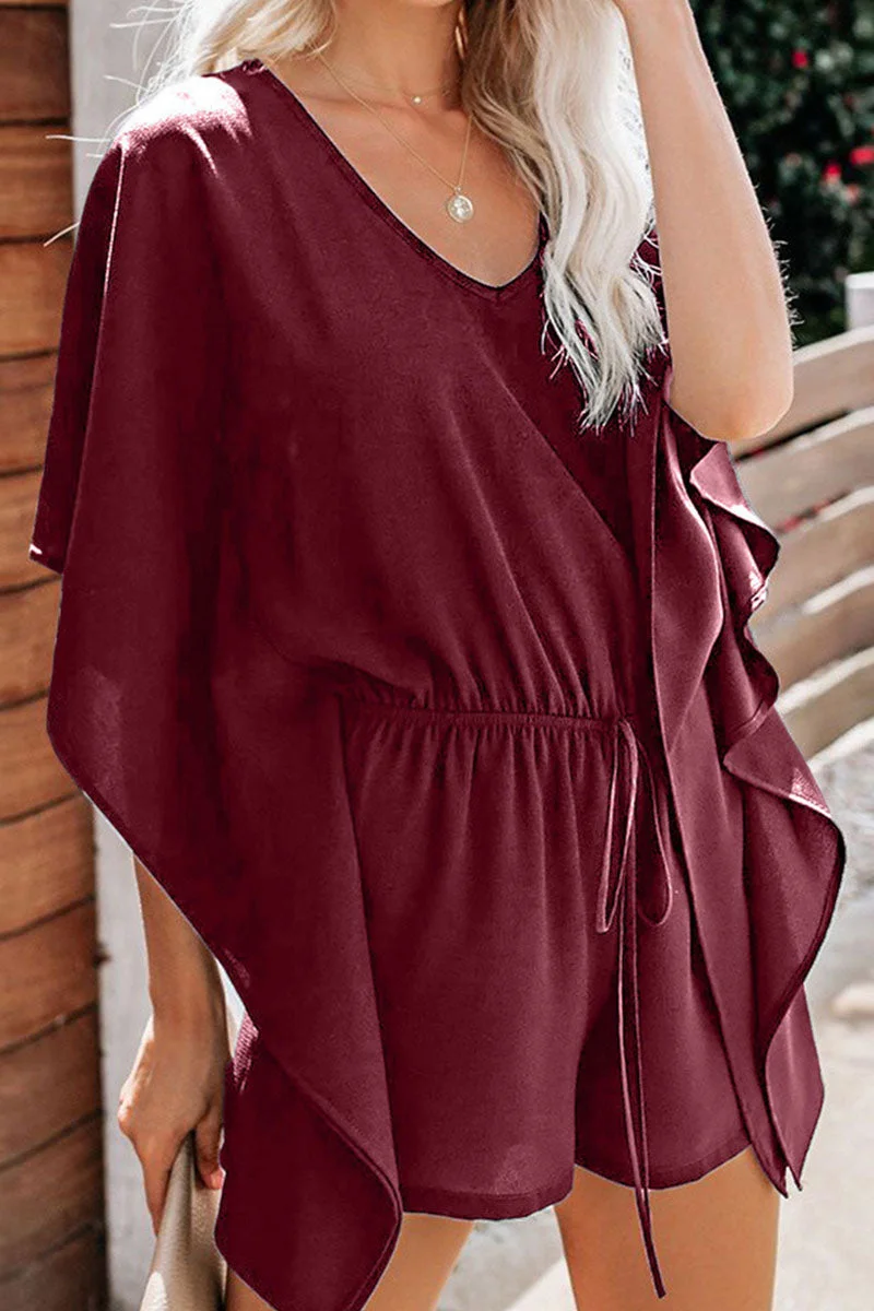 Casual Solid Frenulum V Neck Loose Jumpsuits