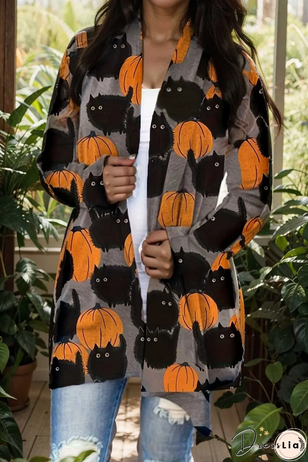 plus size halloween coat women s pus allover cat pumpkin print long sleeve open front medium stretch cardigan overcoat