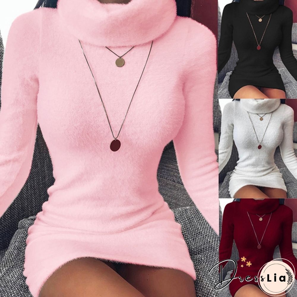 Fall/Winter Fashion Turtleneck High Collor Dresses Solid Color Bodycon Mini Casual Pullover Dresses
