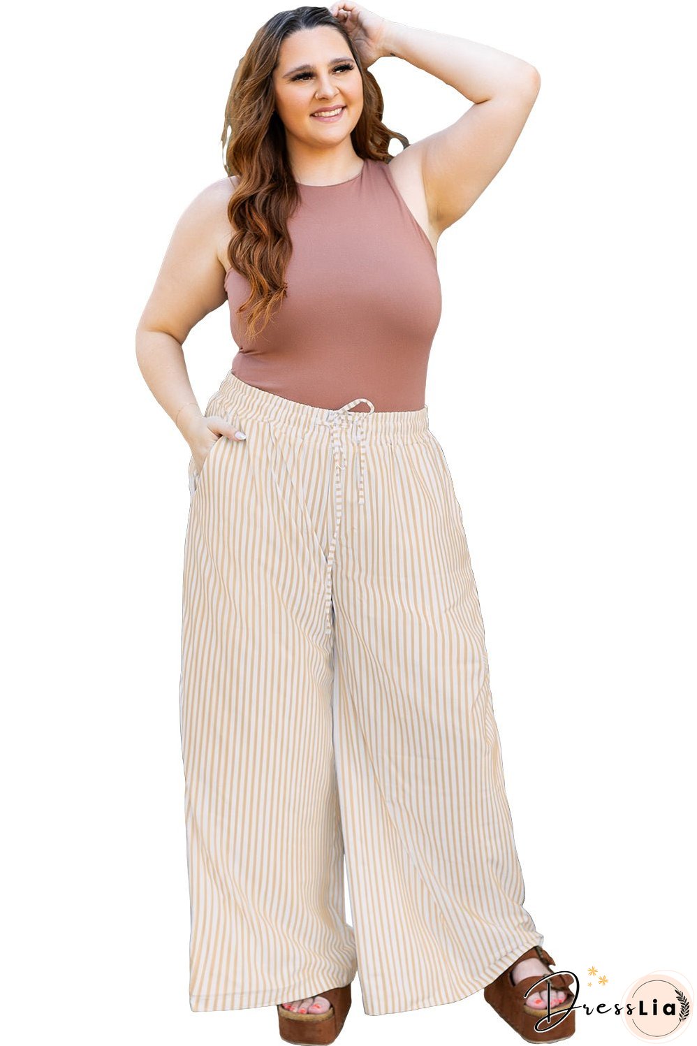 Khaki Stripe Plus Size Drawstring High Waist Wide Leg Pants