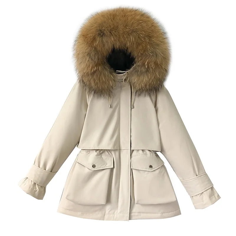 Fitaylor Large Natural Fox Fur Hooded Winter Jacket Women 90% White Duck Down Thick Parkas Warm Sash Tie Up Snow Coat