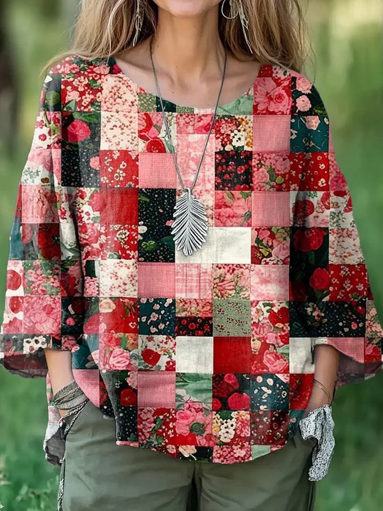 Women's Floral Collage Prints Casual Cotton And Linen Shirt