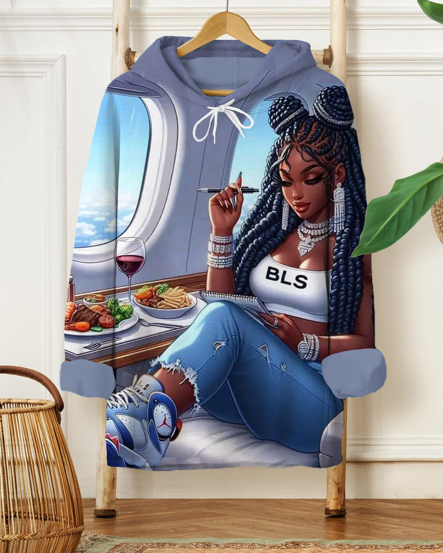 Writing On The Plane Girl Cartoon Print Long-sleeved Hooded Sweatshirt
