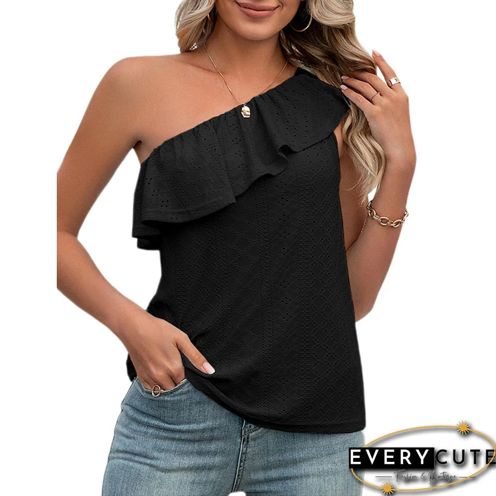 Black Ruffled One Shoulder Tank Tops