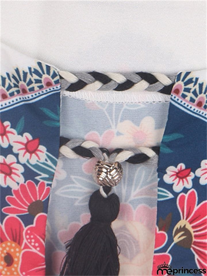 Distinctive Retro Style Printed Round Neck Long Lantern Sleeve Blouse