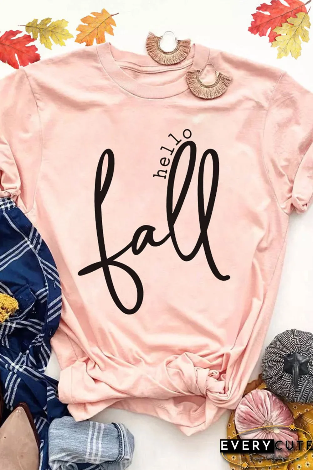 Pink Hello Fall Slogan Pattern Print Crew Neck T Shirt