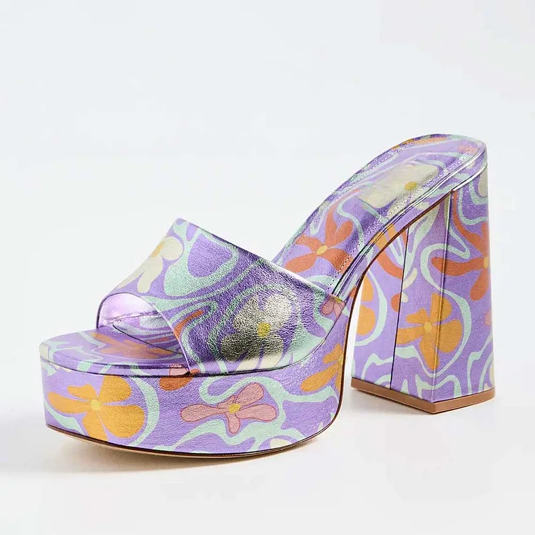 Purple Metallic Floral Print Block Heel Mules Sandals with Platform |FSJ Shoes