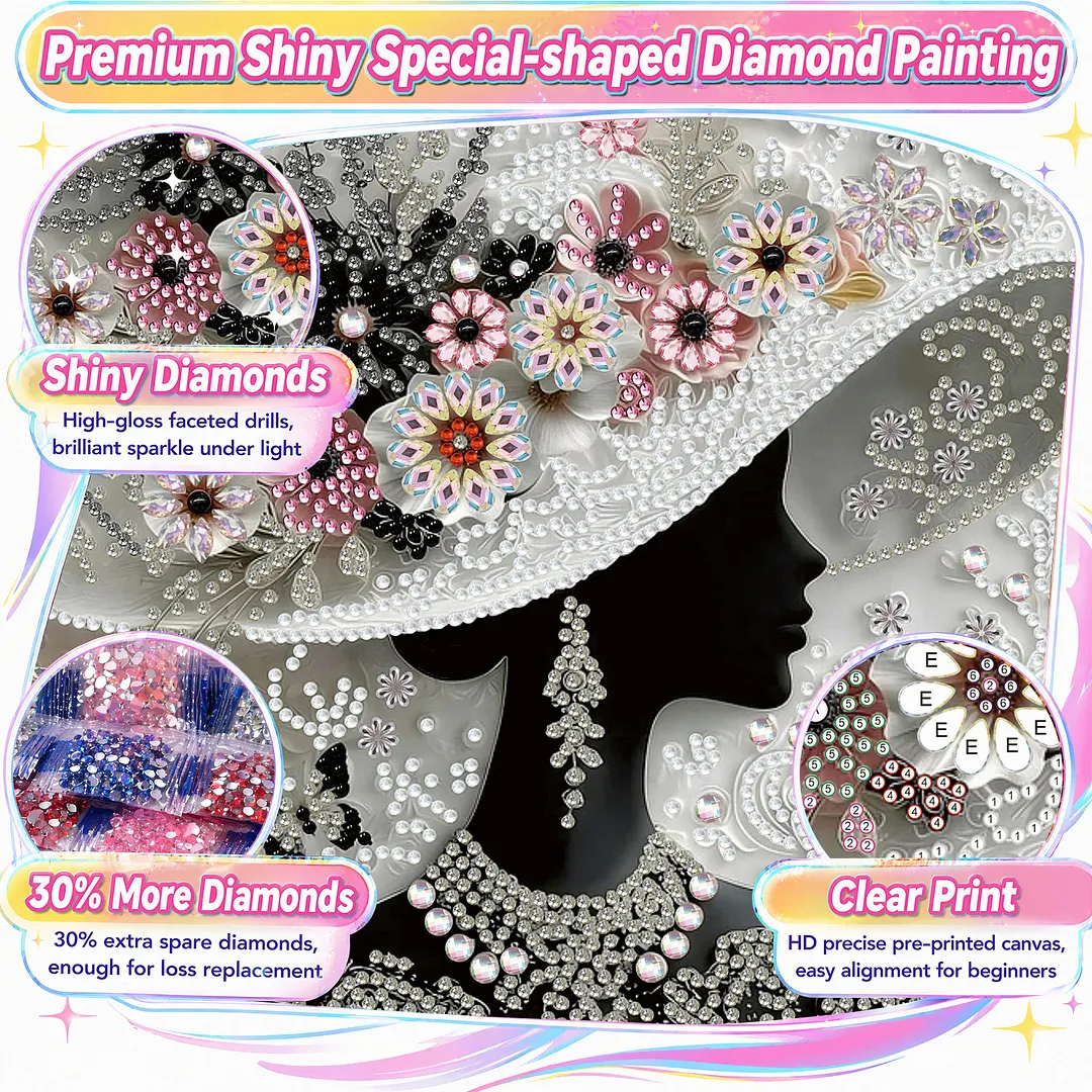 Floral Hat Silhouette Special Shaped 5D DIY Partial Drill Diamond Painting Kits for Adults Beginners Home Decor Diamonds Dots Gem Art Kits Diamond Art Kit 11.81 X11.81inch