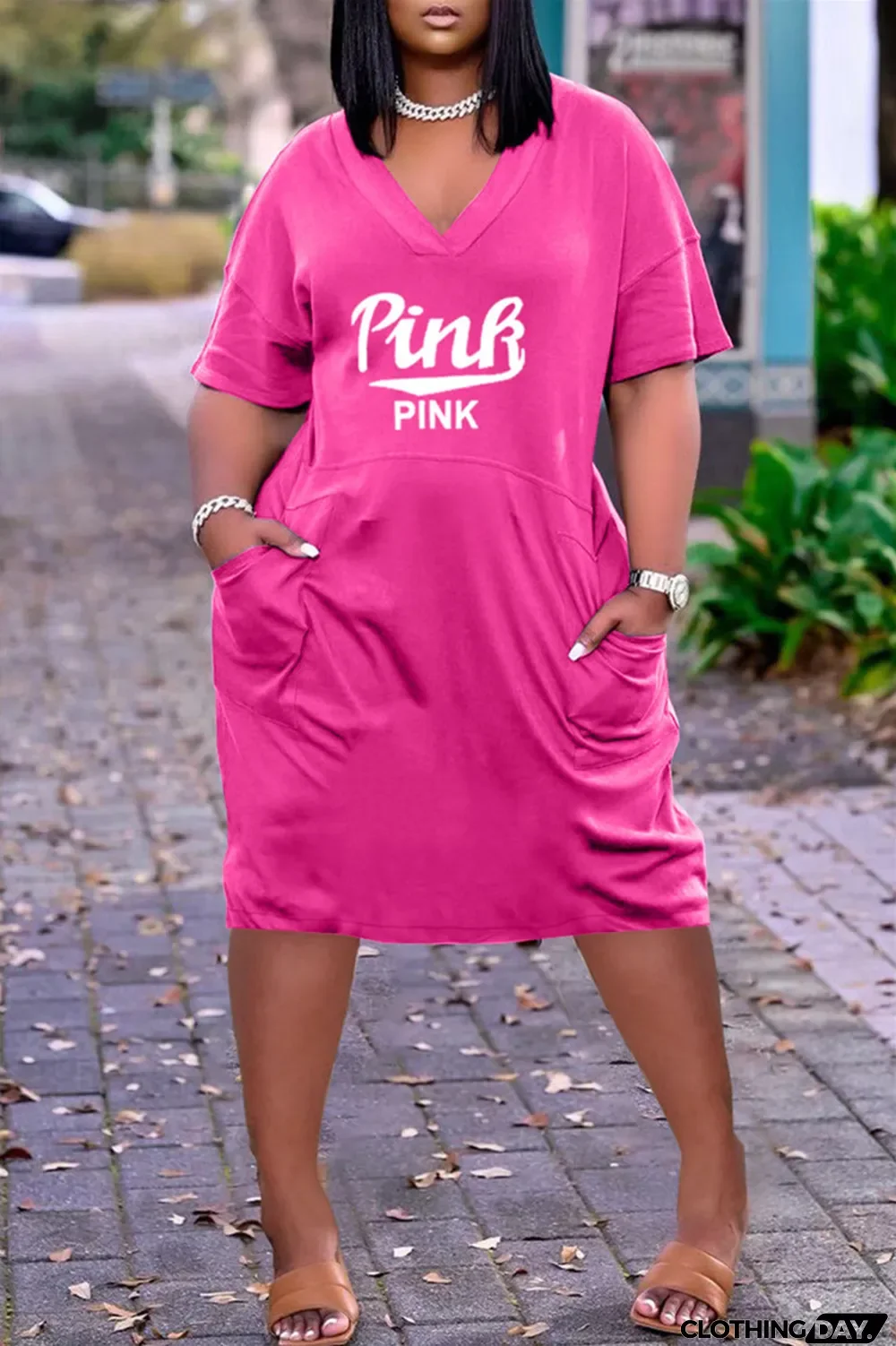 Red Fashion Casual Letter Print Basic V Neck Short Sleeve Dress Dresses