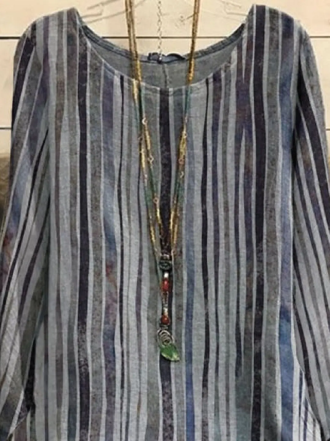 Casual Stripes 3/4 Sleeve Crew Neck Tops