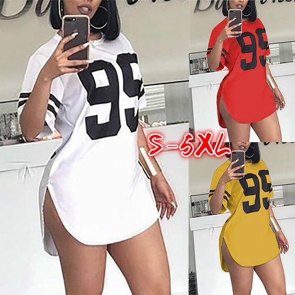 Side Split Letter Print Curved Hem Casual Dress Summer Sport Style T Shirt Dress Plus Size - BlackFridayBuys