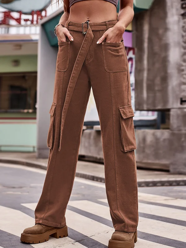 Women's Solid Color Belted High Waist Linen Utility Cargo Pants Flusfy