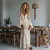 Elegant V-neck High Waist Lace Flared Long Sleeve Dress by Inlyline