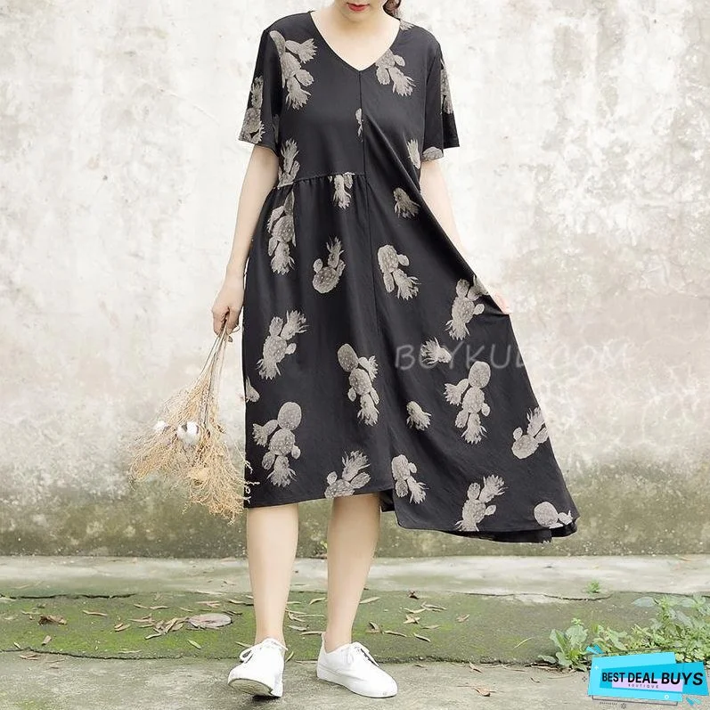 V-neck Loose Print Cotton Casual Summer Dress