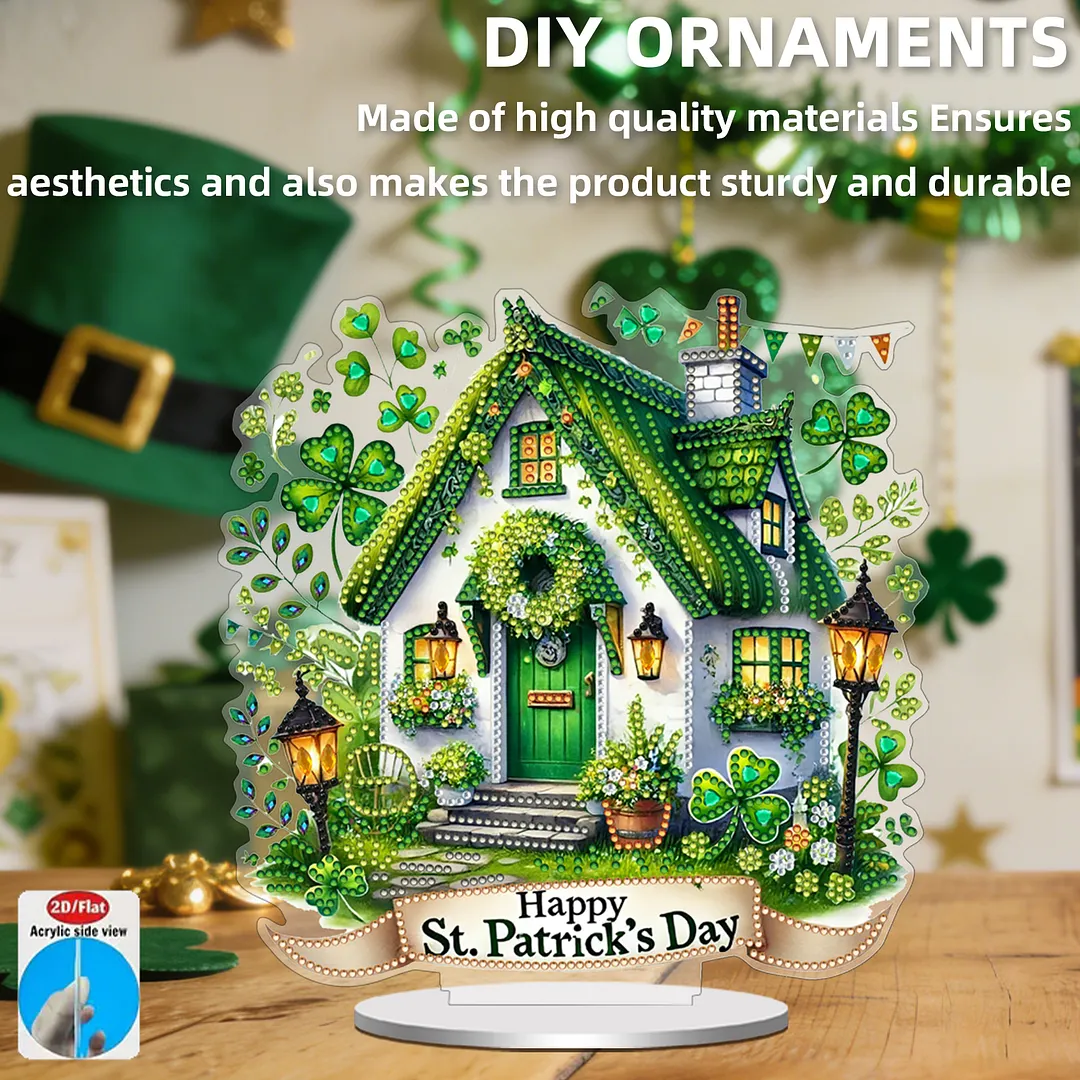 2D Flat DIY St Patricks Day Hut Diamond Painting Tabletop Ornaments Kit Special Shape Crystal Art Craft Decoration Single Side Drill for Living Room Home Office