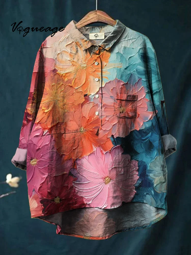Fashionable And Beautiful Flower Stitching Printed Cotton And Linen Shirt