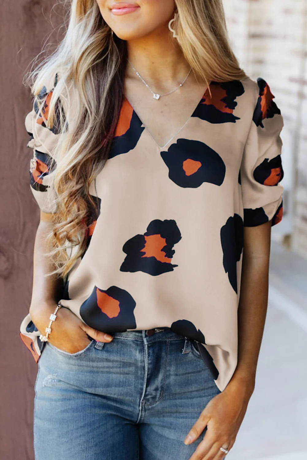 Khaki Ruched Short Sleeve Leopard Print Blouse | IFYHOME