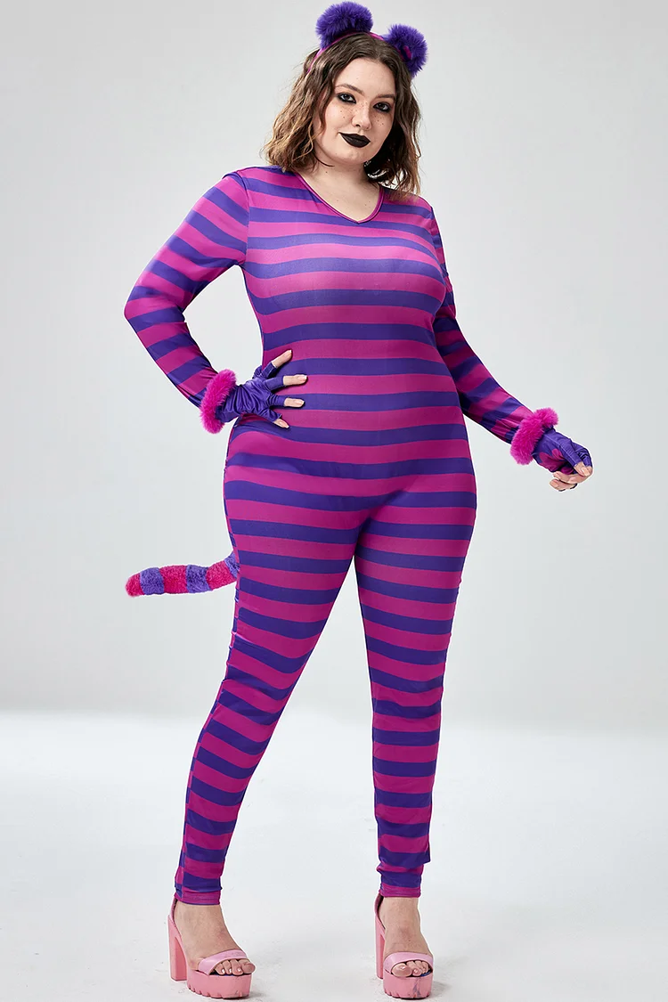 Xpluswear Design Plus Size Halloween Costume Purple Cosplay Kitten Knitted Jumpsuit (With Headwear And Gloves) 