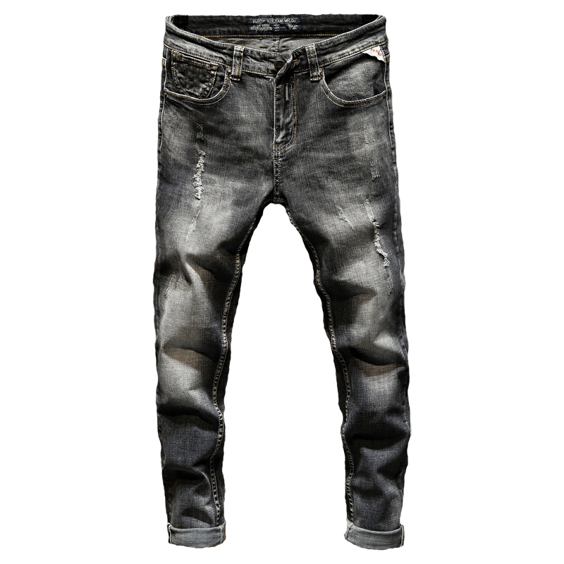 Famous Brand Jeans Pants Men Hip Hop Stretch Autumn And Winter Dark Gray Motocycle Jeans Ripped Distressed Denim Trousers Boys