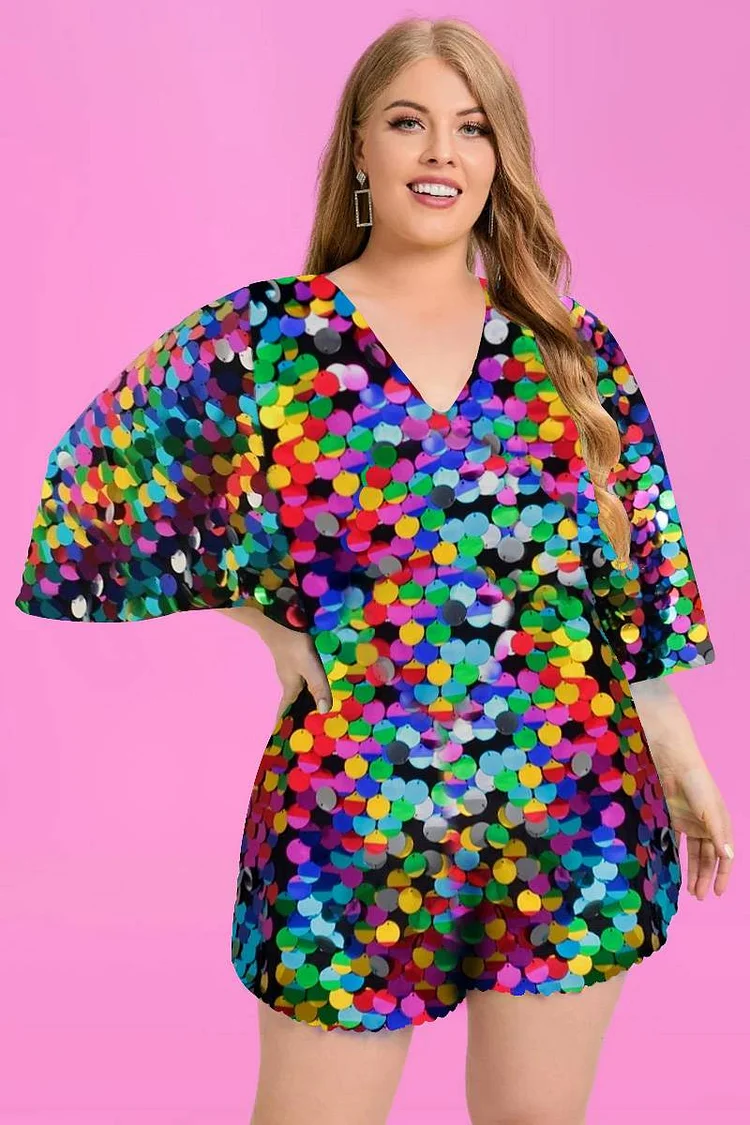 Xpluswear Design Plus Size Rainbow Party Sparkly Iridescent Round Sequin Glitter V-Neck Dolman Sleeve Romper