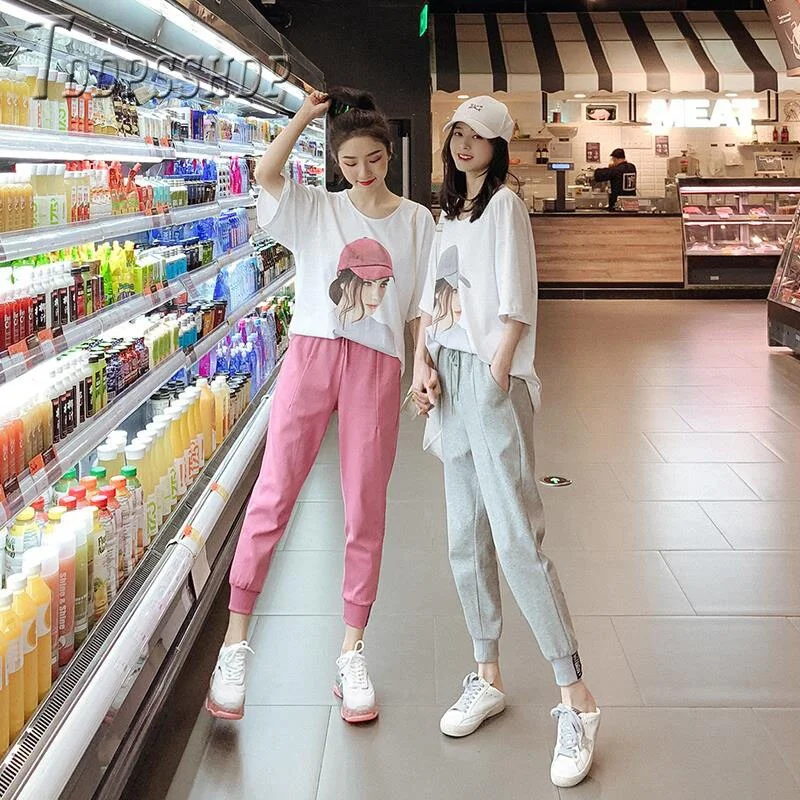 2019 Casual Lady Print T Shirt And Solid Color Pants Women Sets Korean Female Sets