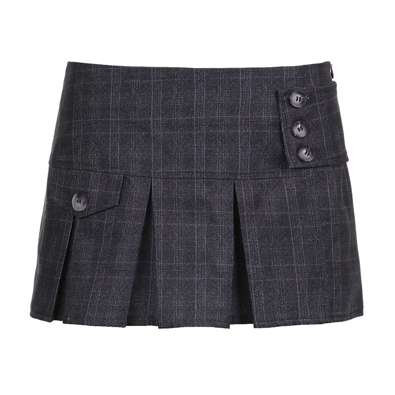 Ueong Checkered Button Irregular Design Hem Pleated Thin A-Shaped Skirt 2024 Spring / Summer New Style