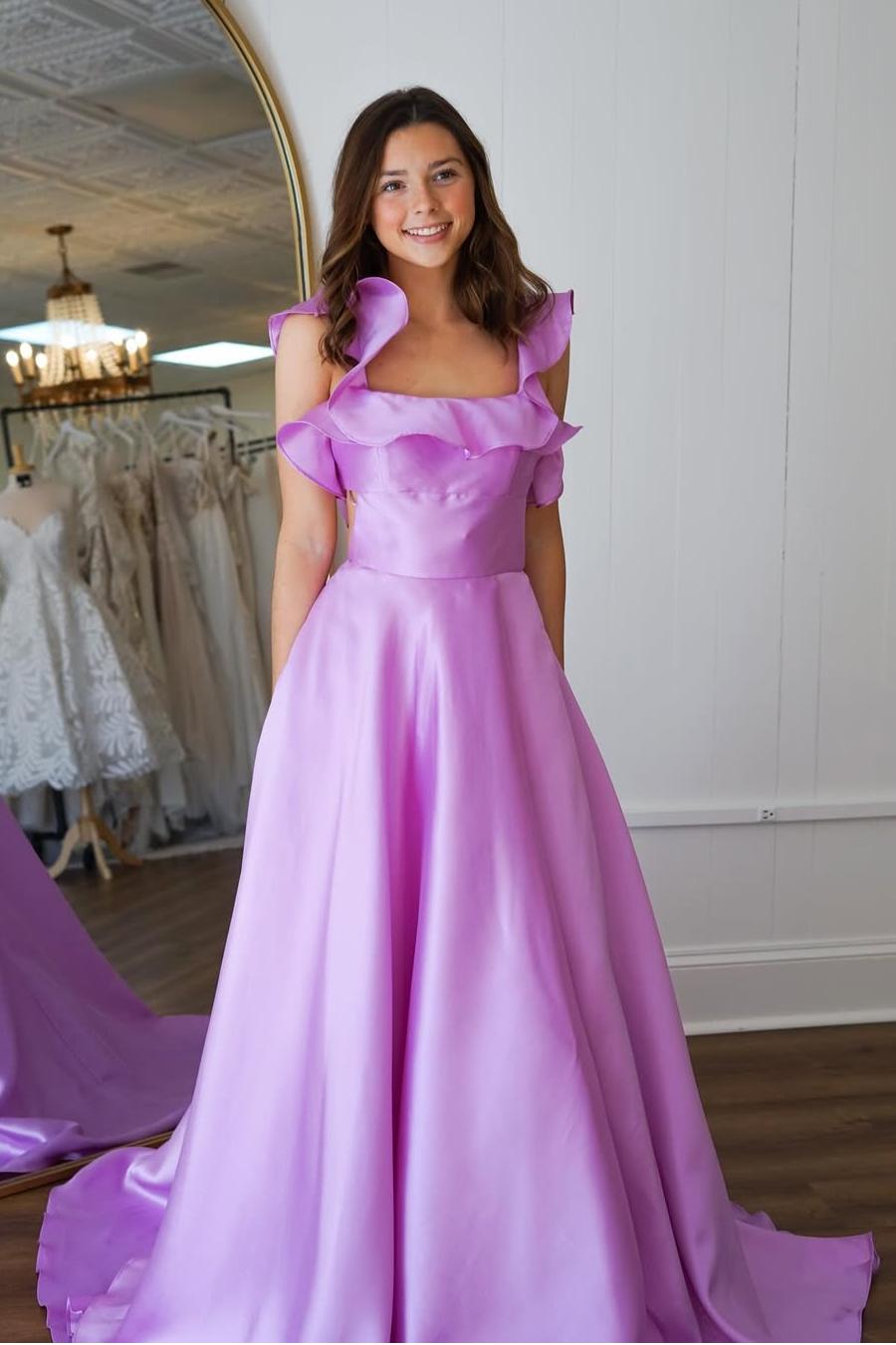 Lvs&Broner Straps Sleeveless Backless A Line Long Prom Dress With Ruffles