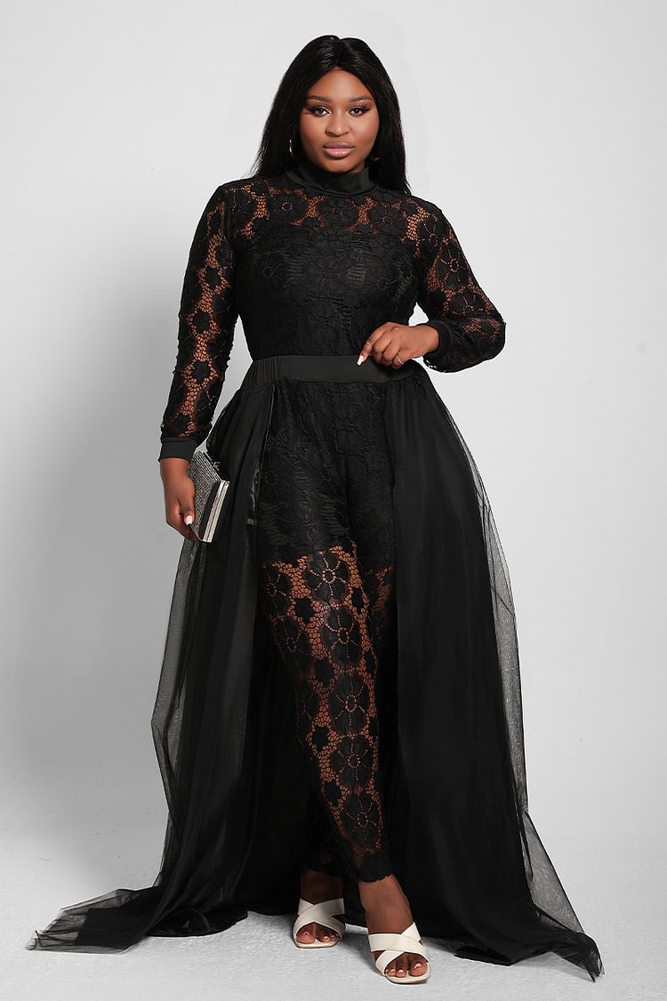Xpluswear Design Plus Size Black See Through Floral Lace Long Sleeves Tulle Jumpsuits With Skirt Overlay