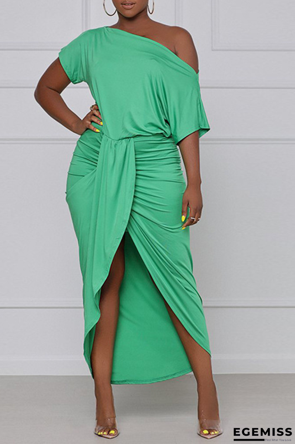 Green Street Solid Patchwork One Shoulder Waist Skirt Dresses | EGEMISS