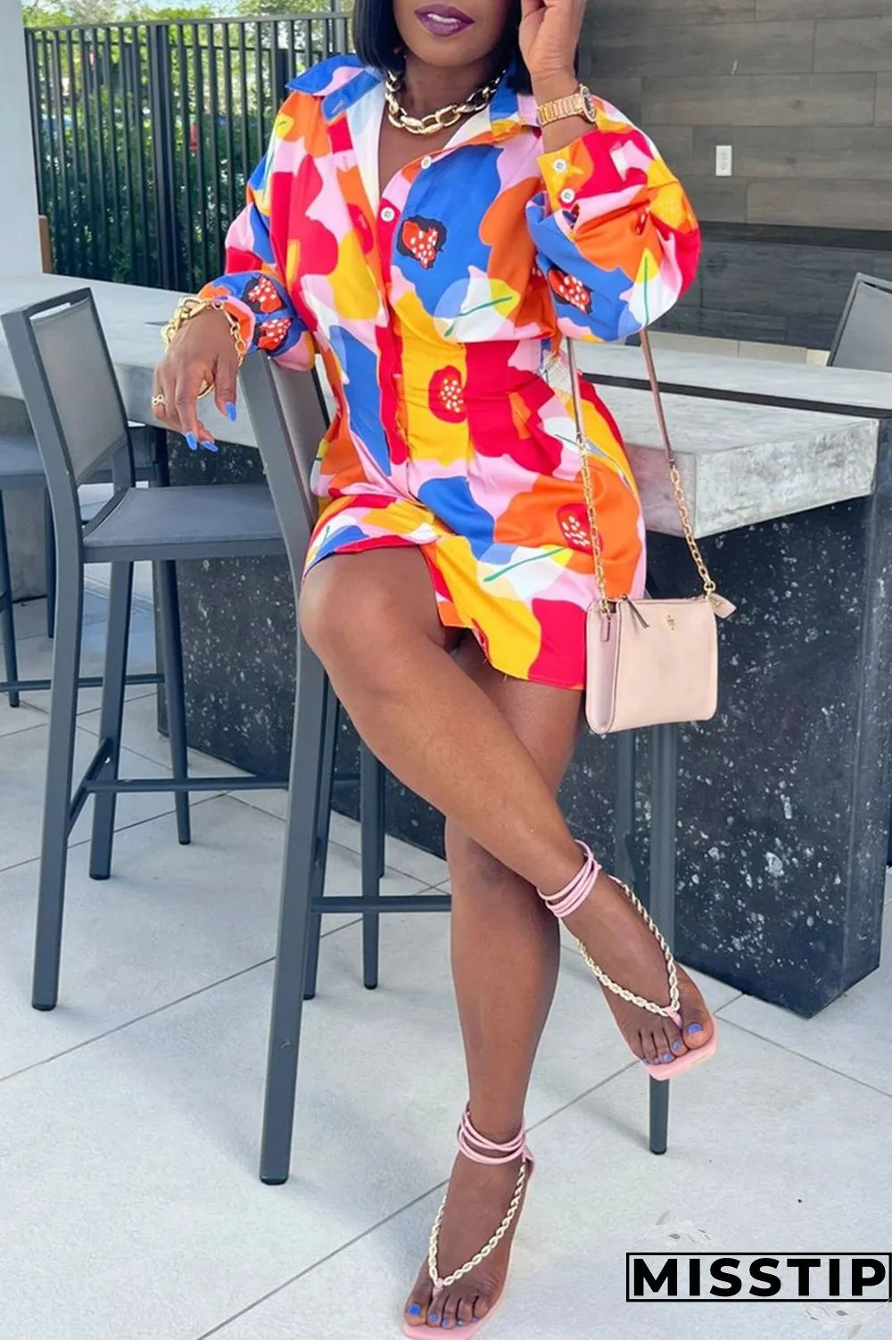 Multicolor Casual Print Patchwork Turndown Collar Long Sleeve Dresses