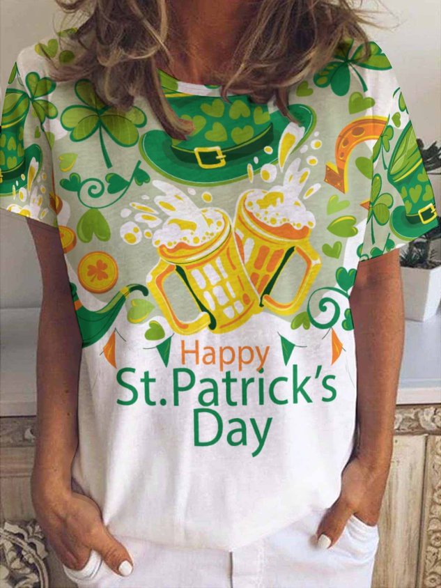 St. Patrick's Day Four-Leaf Clover Floral Crew Neck Shirts & Tops socialshop