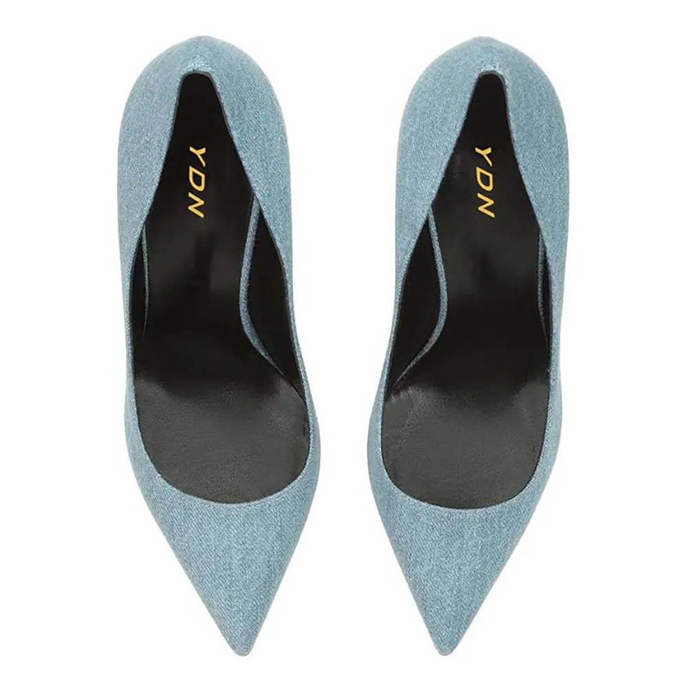 Classic Blue Denim Pointed Toe Pumps Shoes with Sculptural Heel