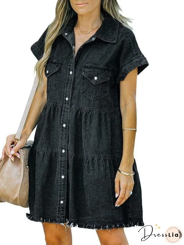 Lapel Button Pocket Denim Shirt Dress
